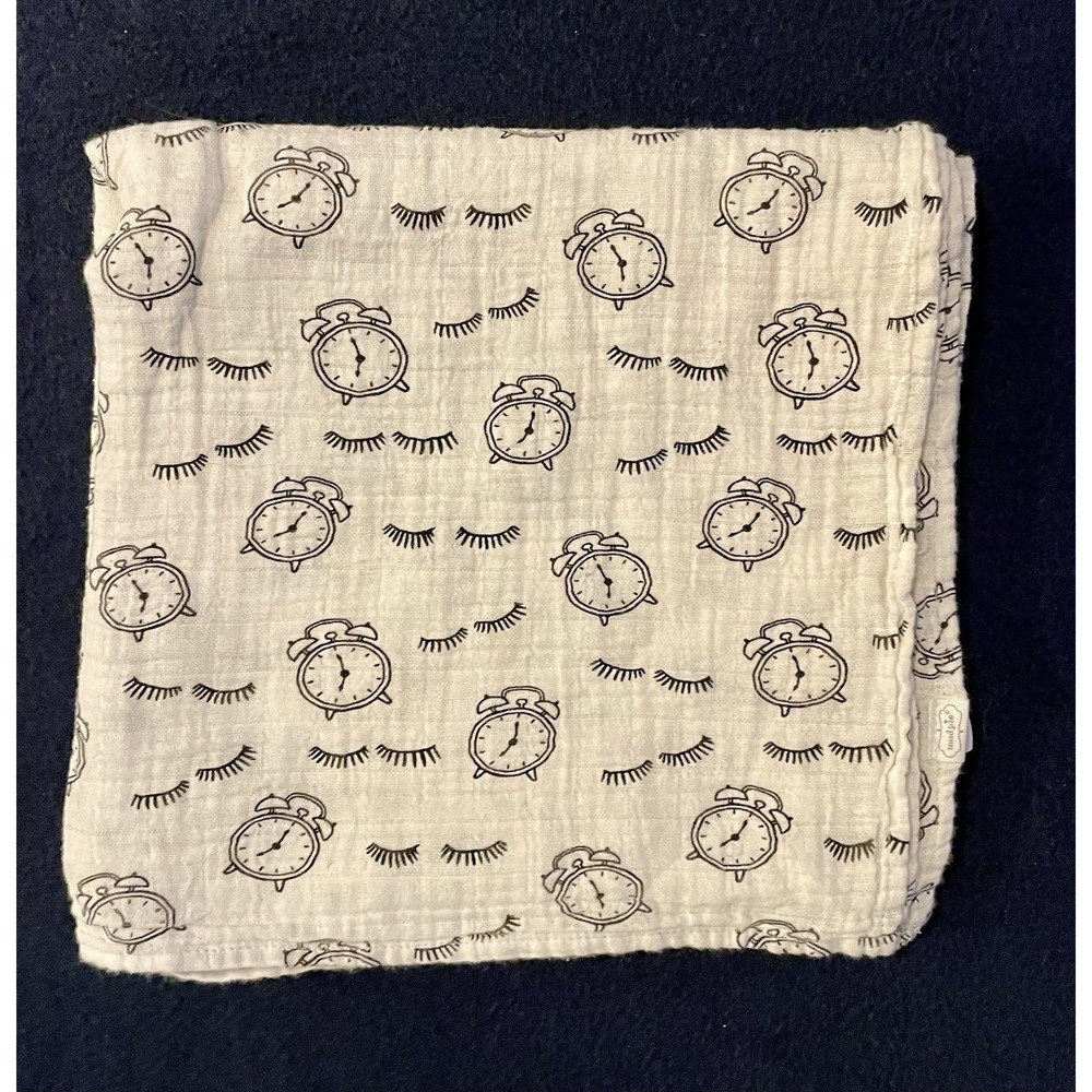MUD PIE Sleep Alarm Clock Print Baby Muslin Swaddle Blanket 47x46 EUC